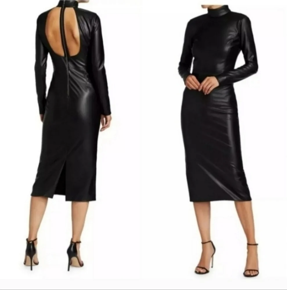 ALICE + OLIVIA DELORA VEGAN LEATHER MOCKNECK MIDI DRESS SIZE 4 - Picture 10 of 15